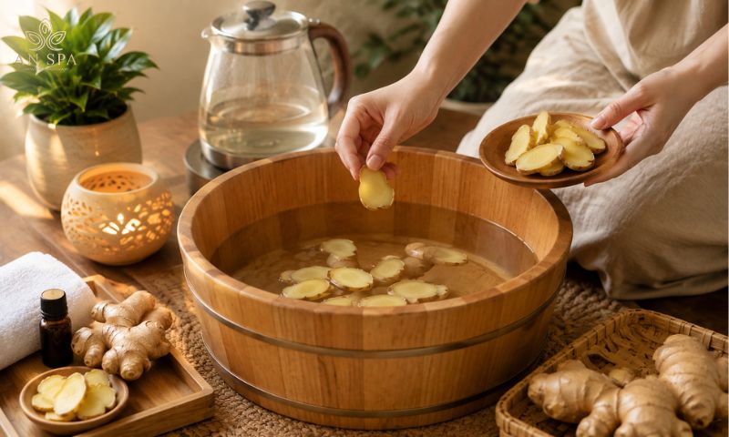 chuẩn bị nước gừng ngâm chân