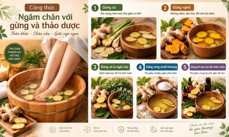 công thức ngâm chân với gừng và thảo dược