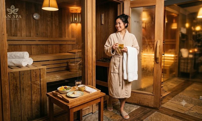 người chuẩn bị xông hơi sau khi ăn nhẹ