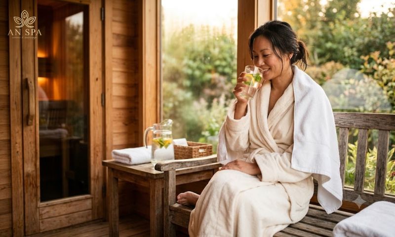 người nghỉ ngơi và uống nước sau khi xông hơi