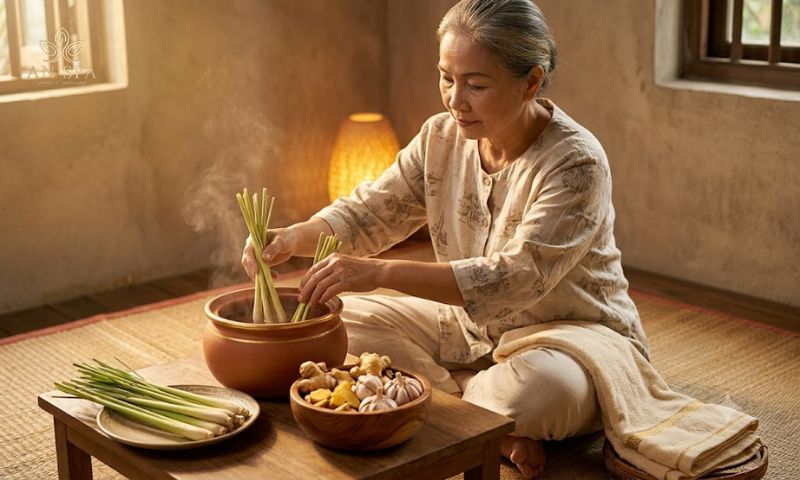 gừng, tỏi, sả chuẩn bị nấu nước xông giải cảm