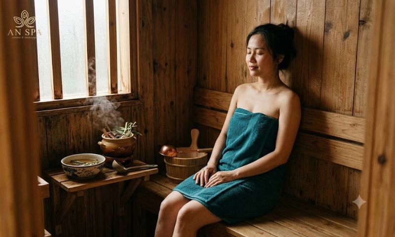 người đang thư giãn trong phòng xông hơi thuốc bắc