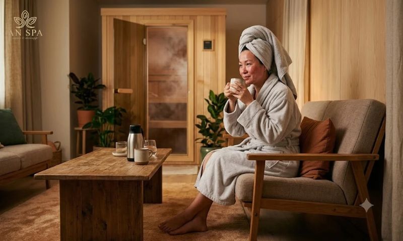 người dùng nghỉ ngơi và uống nước ấm sau khi xông hơi