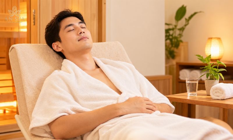 người thư giãn sau khi xông hơi để hỗ trợ giảm đau