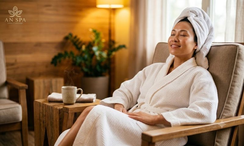 người thư giãn sau khi xông hơi với gương mặt thoải mái